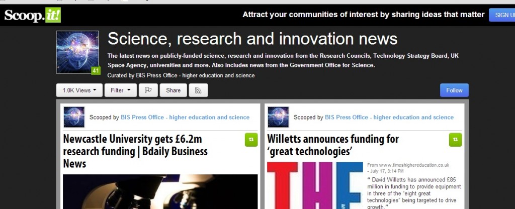 Screenshot of scoop.it promoting science and innovation news