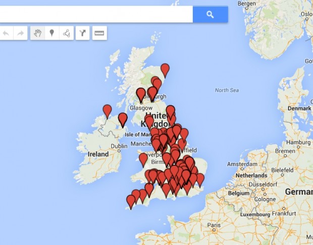 Google Map showing location of responses around the UK.